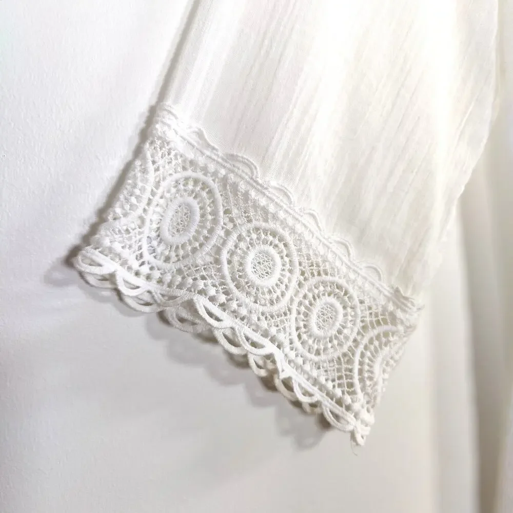 La Blanca Sheer Cotton Gauze Swim Cover‎ Up Dress Crochet White L Beach Boho